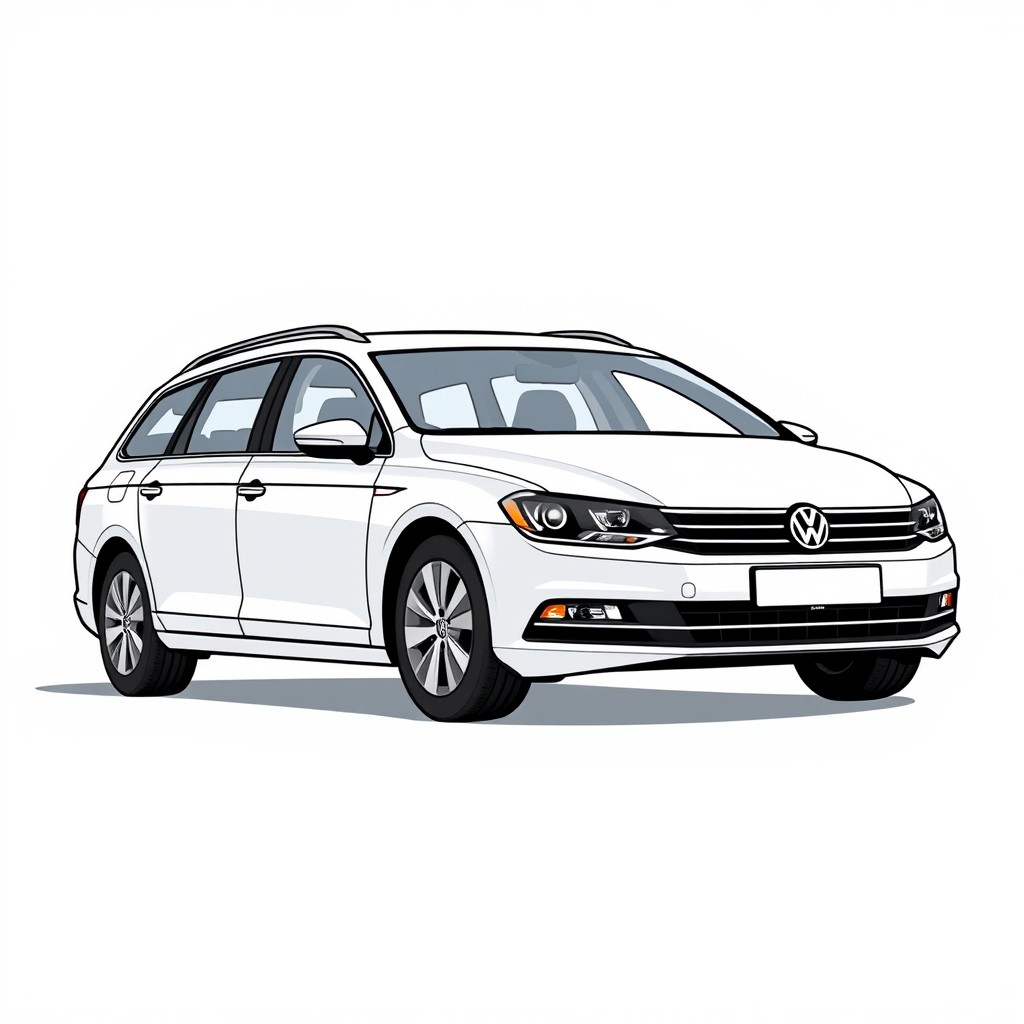 White Volkswagen Passat station wagon. Drawing in manga format.