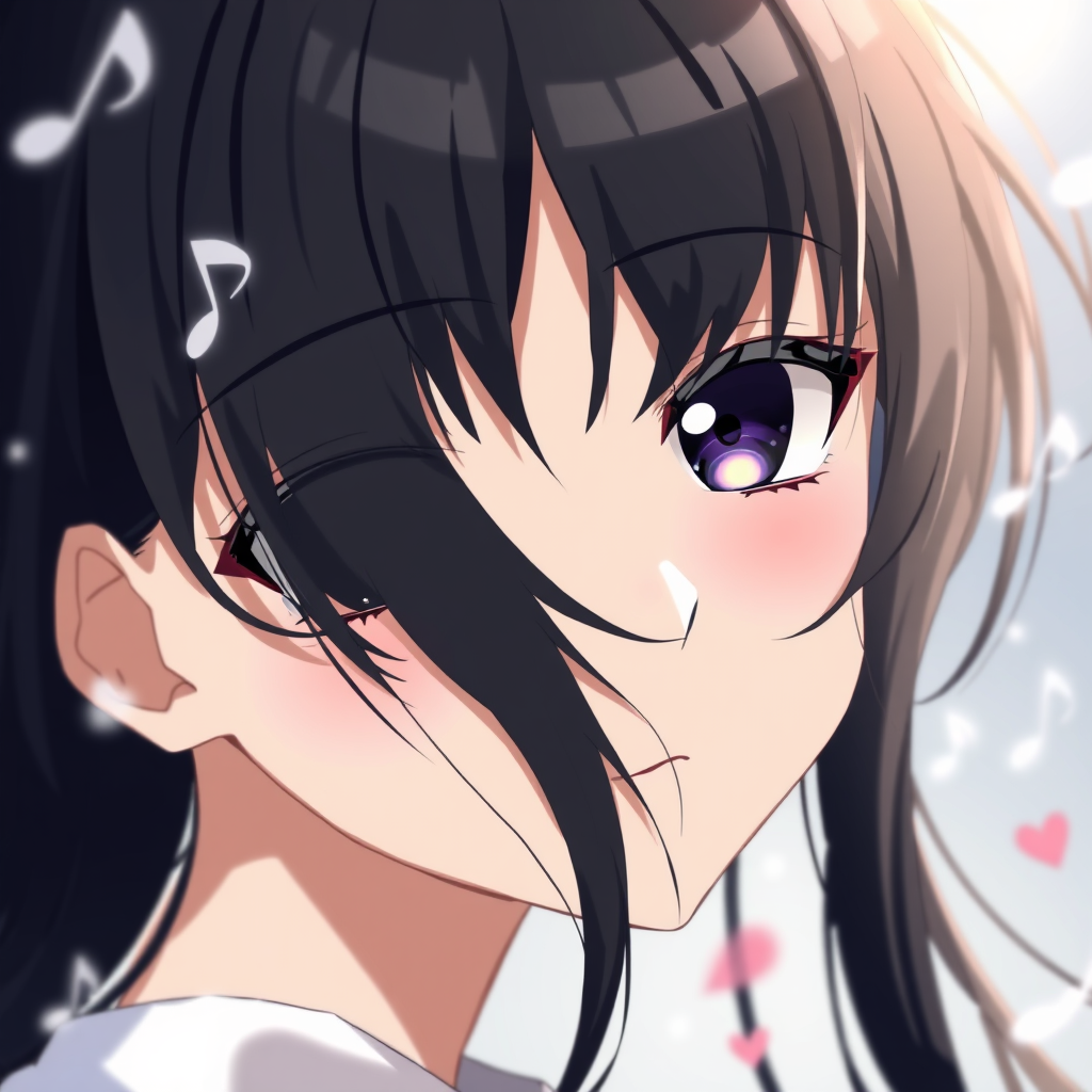 A girl in a close-up shot looking at the camera with black hair in an anime style. Add some melodiousness or something like that, but not directly referring to music, like using some instruments, but abstractly showing it, maybe with notes or something else, and more love in the photo.