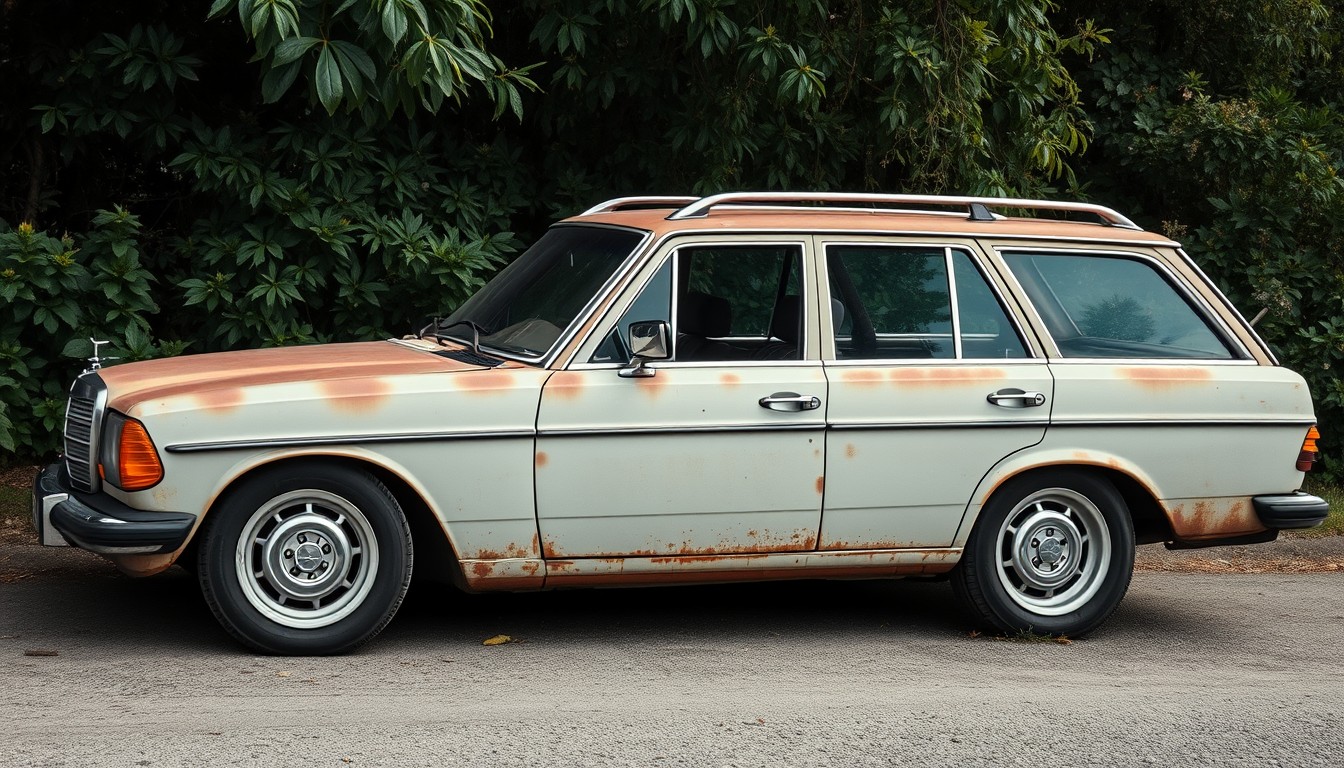 rusty 124 mercedes wagon with big chrome rims, old grain photo style