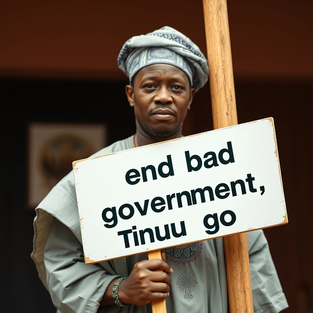 Photorealistic image of an African man, dressed in agbada, holding a signpost that reads "end bad government, Tinubu must go."