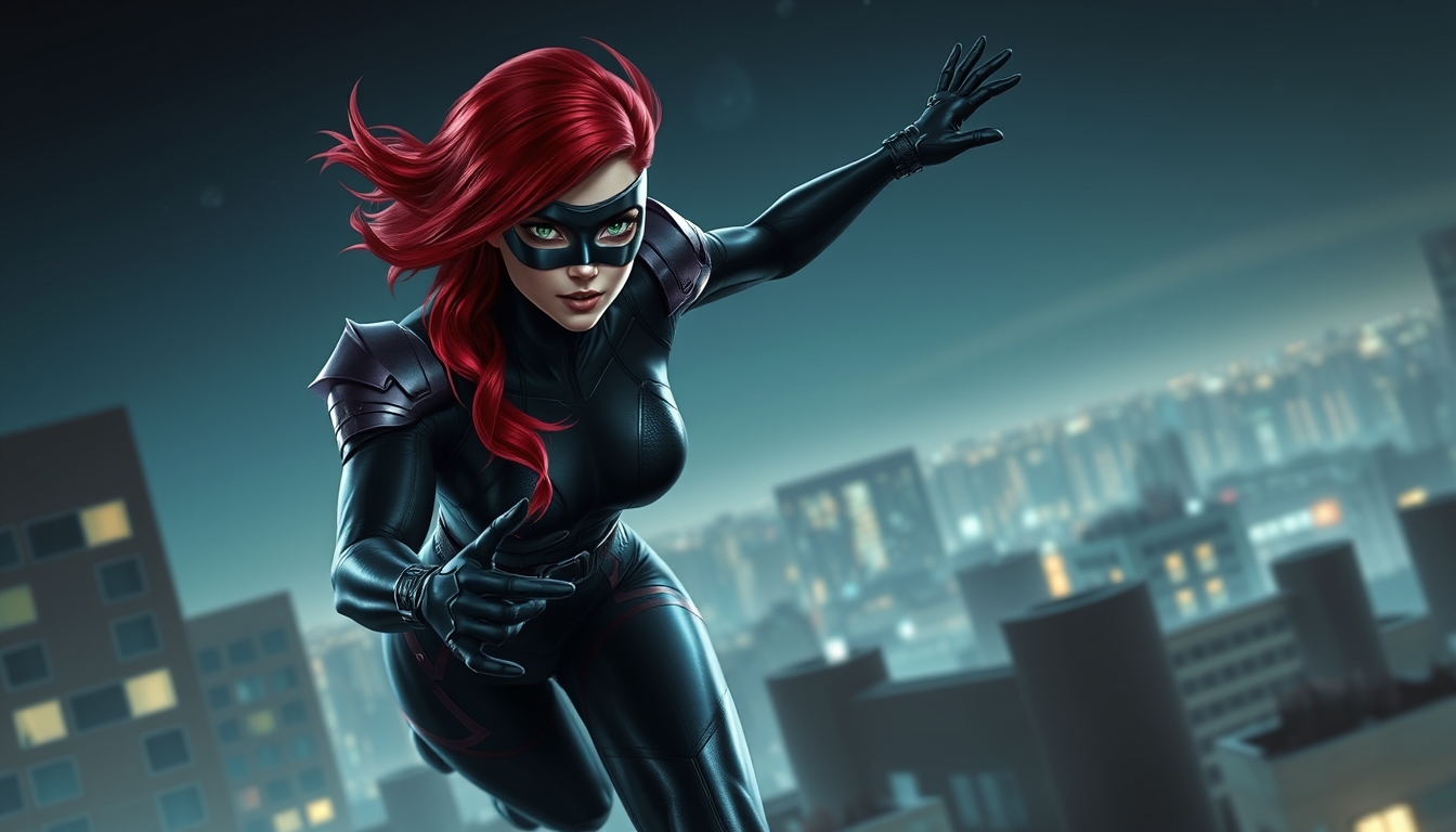 red head with dark green eyes, metallic black eye mask, a black futuristic spandex outfit with dark purple armor on her shoulders, jumping rooftops in the night sky, realistic and dynamic appearance - Image