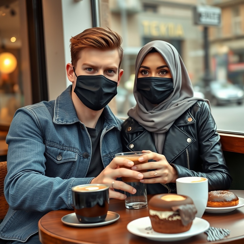 Jamie Dornan's head and body shot, handsome, black face mask, blue jeans jacket, jeans, dating a beautiful Muslim girl in a grey hijab with beautiful eyes, black face mask, black leather jacket, biggest zebra pattern skirt, at a cafe, 2 cups of latte, muffin cake, chocolate donut on a table, photorealistic, hyper-realistic, street photography, selfie.