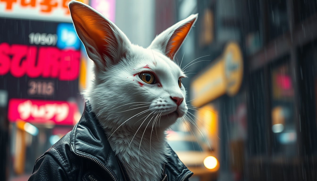 An adult white rabbit stands in a cyberpunk city, in the rain. He's wearing a cyberpunk style jacket. The cat has an augmentation on his right eye and a lot of scars. Cyberpunk implants are visible on the cat. A masterpiece, maximum detail, cinematography.