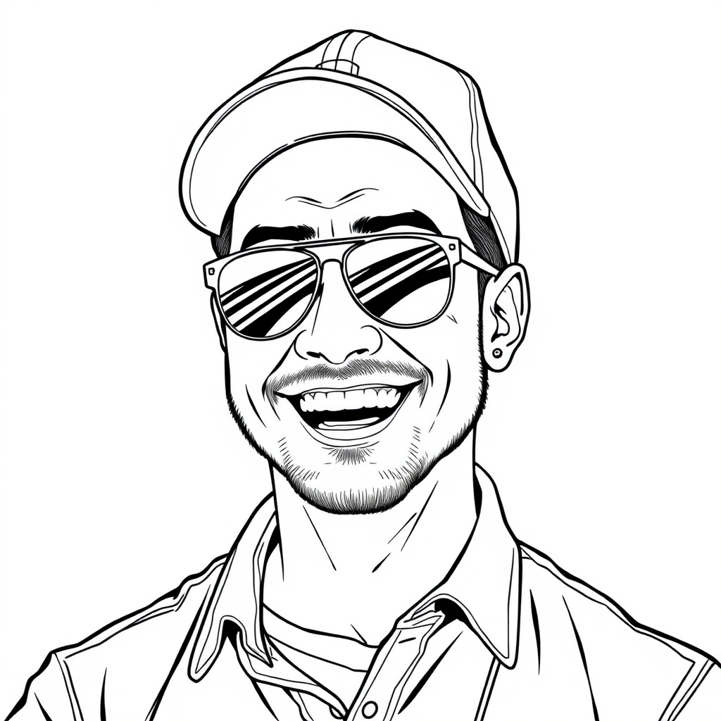 A cool black and white line drawing of a man around 35 years old, wearing a baseball cap, Asian descent, with aviator sunglasses, a slight beard, tough-looking, in a shirt, with a full face and defined features, robust body, clean and fresh skin, happily laughing heartily after winning, greeting with accessories. - Image