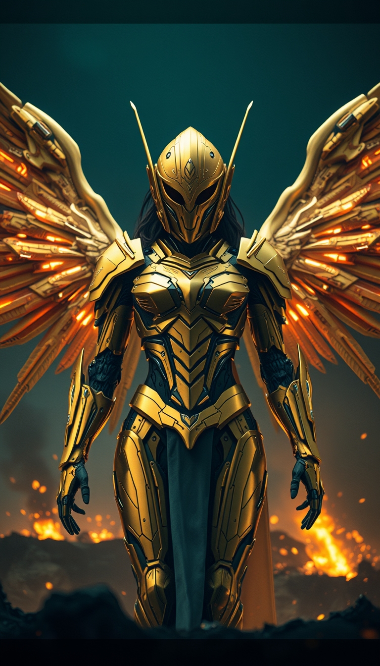 Cinematic shot of a cyborg female battle angel rising from ashes, golden regal Valkyrie armor, futuristic, full smooth helmet, standing on a battlefield, movie scene, film grain, realistic, shot from below, dark lighting.