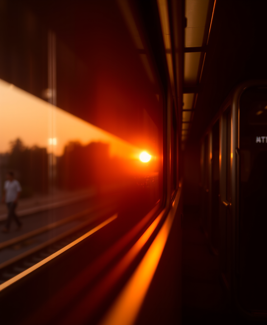 Close up photo of train, a romantic atmosphere of travel, golden hour.