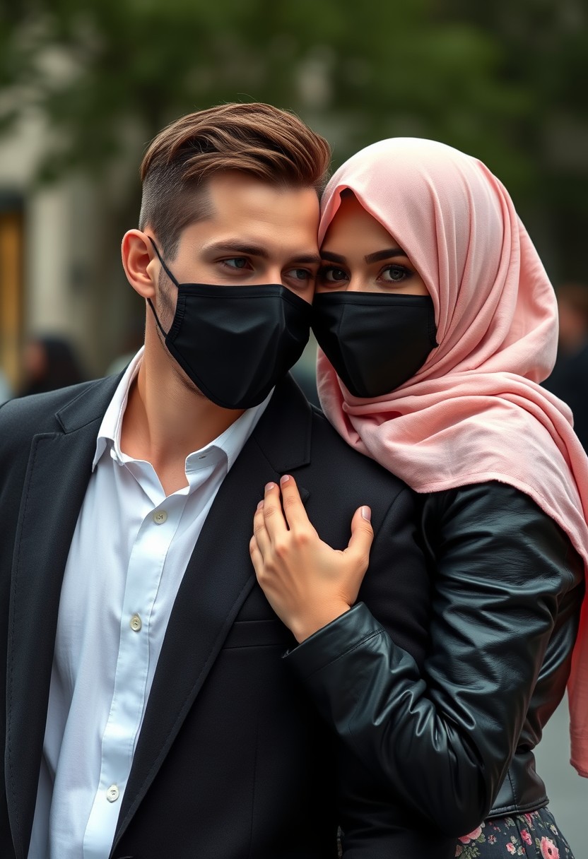 Jamie Dornan's head and body shot, handsome, young, black face mask, half-button white shirt, black coat suit, dating love with the biggest soft pink hijab girl, beautiful eyes, black leather jacket, black face mask, biggest floral skirt, hyper-realistic, street photography.