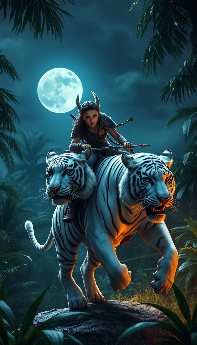 Night elf riding a white tiger, realistic style, ultra-clear picture quality, moonlight, jungle, bright colors, movie style, rich details. - Image