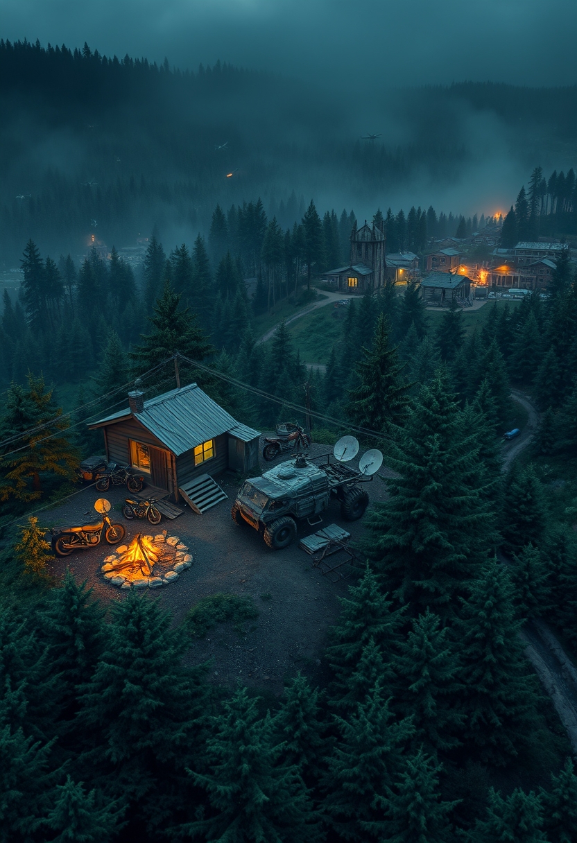 Photo realistic drone shot in a thick evergreen forest of a wooden outpost next to a cabin, a small campfire, a pile of rusty parts, some old motorbikes, an old makeshift armored vehicle mounted with a large machine gun and a makeshift rocket launcher, and a wooden watchtower all on a large hill with satellite dishes next to a radio tower, all in a hilly landscape. There are yellow, orange, red and faint green glows emitting from the cabin and the outpost. In the distance, there's an old overgrown town with brick buildings that's barely visible, with only faint glows emitting from a few of the windows and a small campfire barely visible. Sprinkled in the distance are small and slightly hidden outposts, old structures, radio towers, shacks, and watchtowers. Faint explosions and gunshots in the far distance accompanied by dogfighting retro warplanes and drones. The entire landscape is covered in a jungle of tall evergreen trees, with occasional wet gravel and rich dirt roads winding through. The weather is warm, rainy, and cozy under a cloudy sky with a post-apocalyptic atmosphere and retro liminal feeling to it.