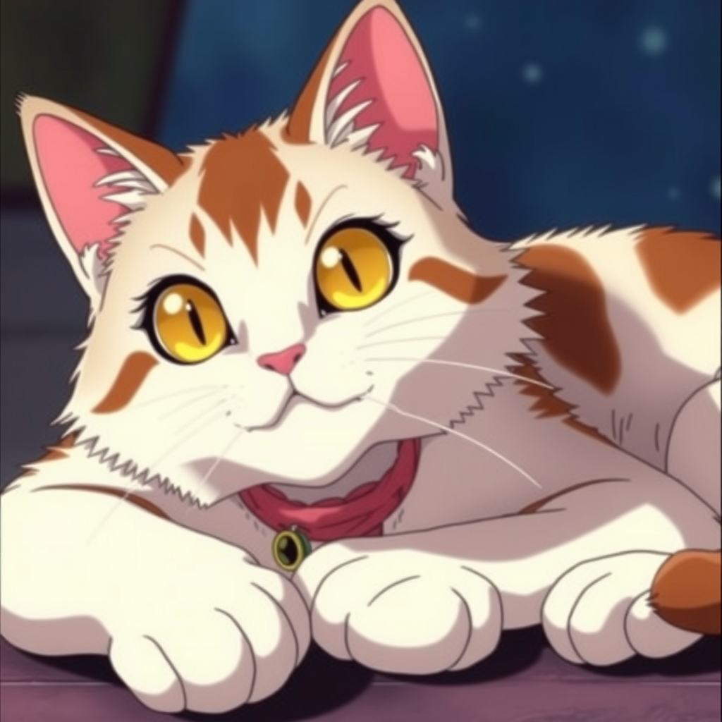 1990s anime sci-fi quirky female cat, full detailed eyes, lounging pose, Toriyama, Miyazaki