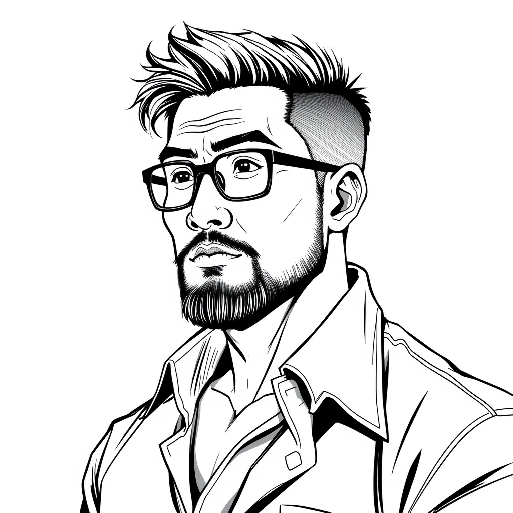 "Create a cool line drawing of a man around 35 years old, with very short hair and a strong build. He should be Asian, wearing framed glasses, with a slightly short beard on his chin, and dressed in a shirt. His demeanor should have a bit of a rogue vibe, in a thoughtful pose, and his face should not be too thin."