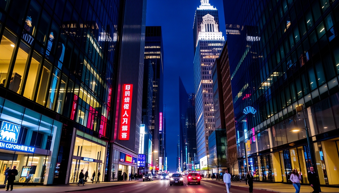 A vibrant city street at night, with reflections in the glass windows of skyscrapers. - Image