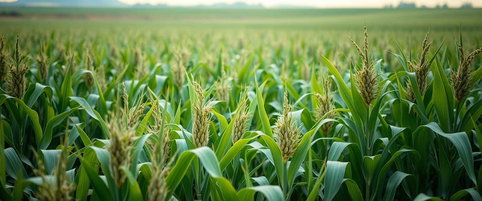 realistic image of a cornfield landscape, pleasant green tones