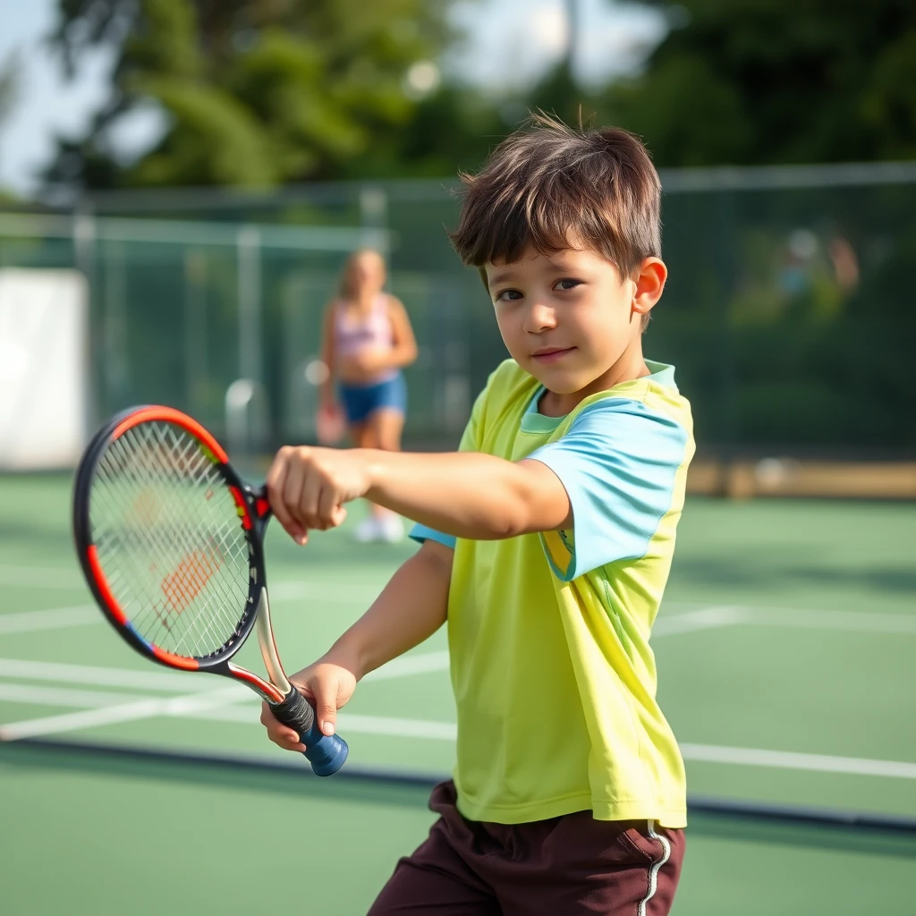 a 10 year old boy playing tennis