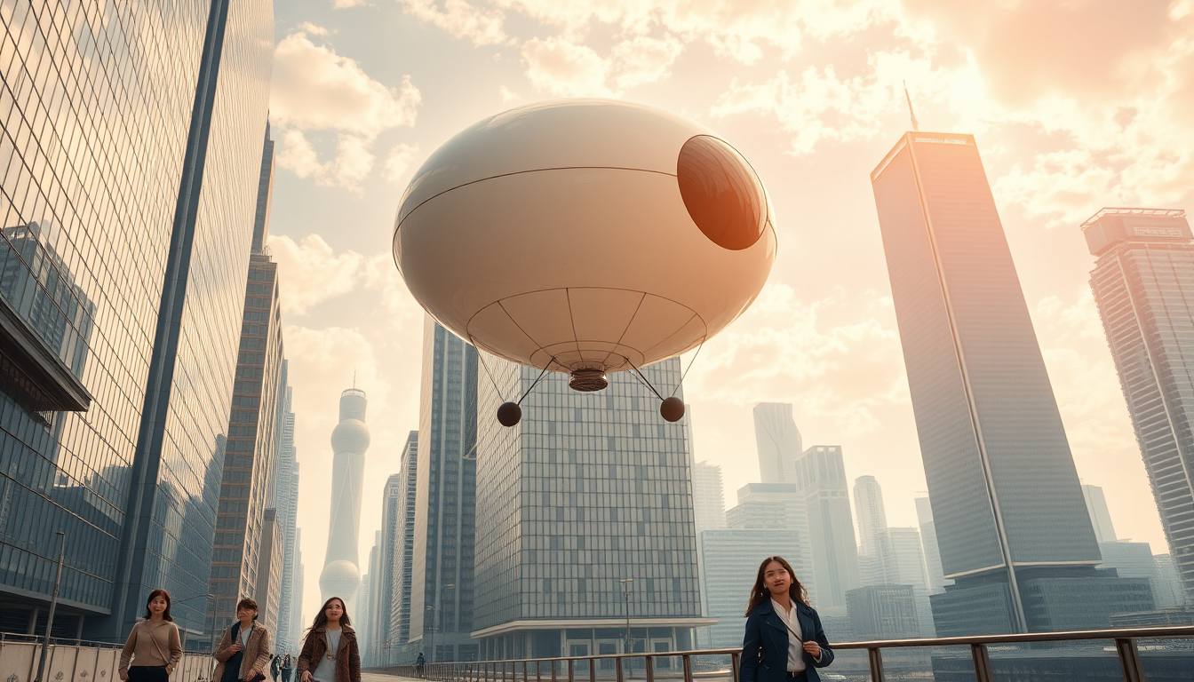 Create a stunning high-resolution image of the city of the future. The skyline should be filled with towering skyscrapers. It includes a light-colored oval balloon-type robot flying rapidly through the air with tiny black balancers on either side of the balloon. There are some people walking on the street, with Asian faces, wearing fashionable and avant-garde clothes, creating a laid-back and pleasant atmosphere. The visual focus of the image highlights small balloon-type robots patrolling the air for safety, very beautiful clouds, and lovely sunlight reflecting off the glass surfaces of the buildings, creating an atmosphere of excitement and innovation. The details are very clear and realistic, 32K, top view. - Image