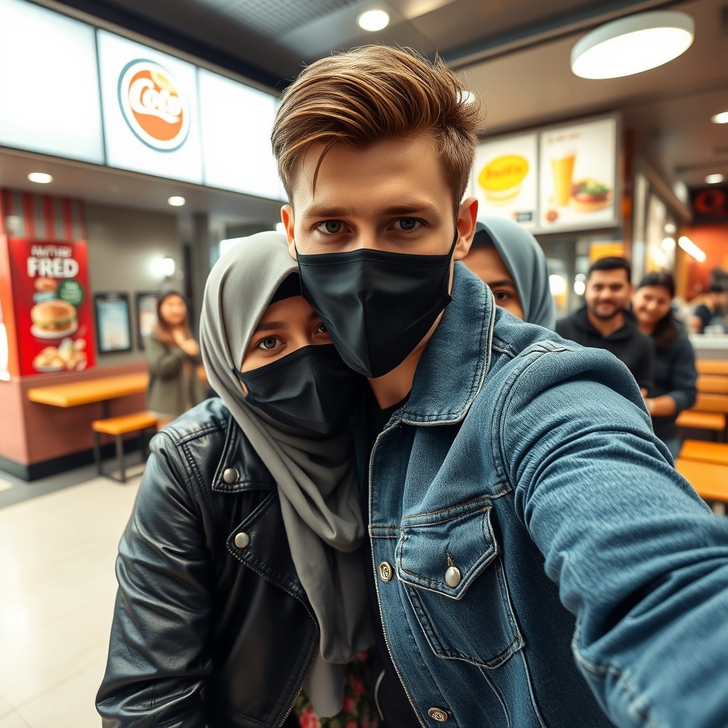 Jamie Dornan's head and body shot, handsome, young, face mask black, blue jeans jacket, jeans, dating love with grey hijab Muslim girl, beautiful eyes, face mask black, black leather jacket, biggest floral skirt, at Malaysian fast food restaurant, with another 3 friends smiling at the back, photorealistic, hyper realistic, street photography, selfie. - Image