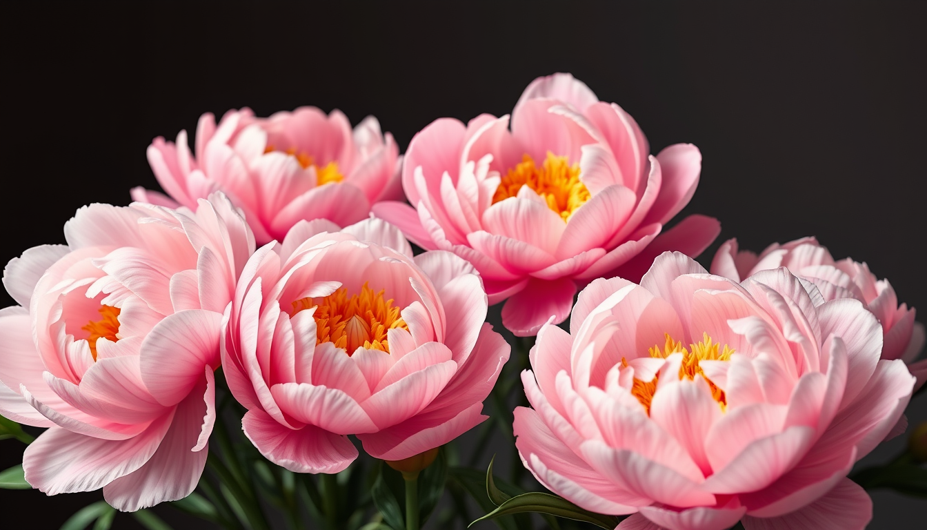 Stunning 3D image of blooming peonies, creating the illusion of volume protruding beyond the photo frame, realistic 3D rendering.