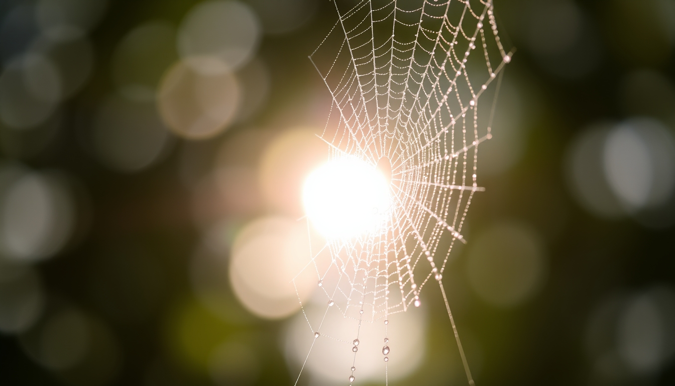 Close-up of a dew-covered spider web glistening in the morning sun, with bokeh background.