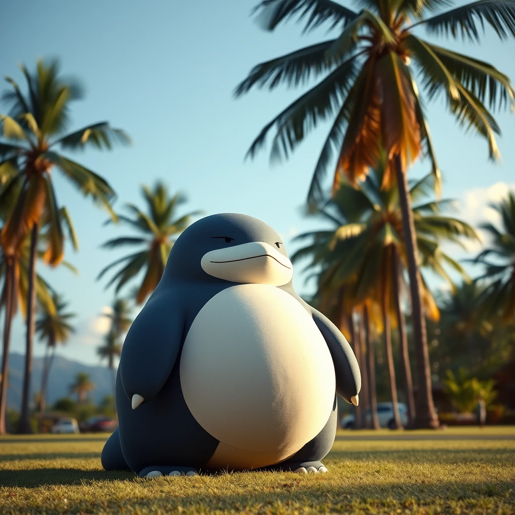 70s live-action scene of Snorlax standing peacefully in a tropical landscape. Snorlax, as he appears in the photo with his natural features, is set against a background of tall palm trees with distant mountains under a bright blue sky. The atmosphere is calm and serene, with soft lighting highlighting Snorlax’s relaxed and content expression. The scene captures a 70s Akira Kurosawa film aesthetic with practical effects, emphasizing Snorlax’s tranquility in this tropical setting.