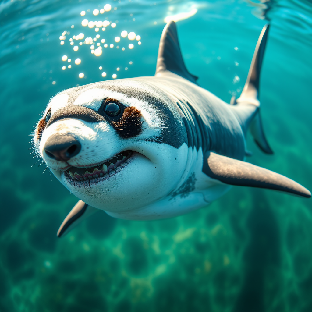 Three-quarter view of a mesmerizing shark-panda hybrid, its sleek shark body adorned with soft panda fur patches. Hyper-realistic details reveal every scale and hair. Piercing eyes blend predatory intensity with gentle wisdom. Submerged in crystal-clear shallows, sunlight dapples its form.