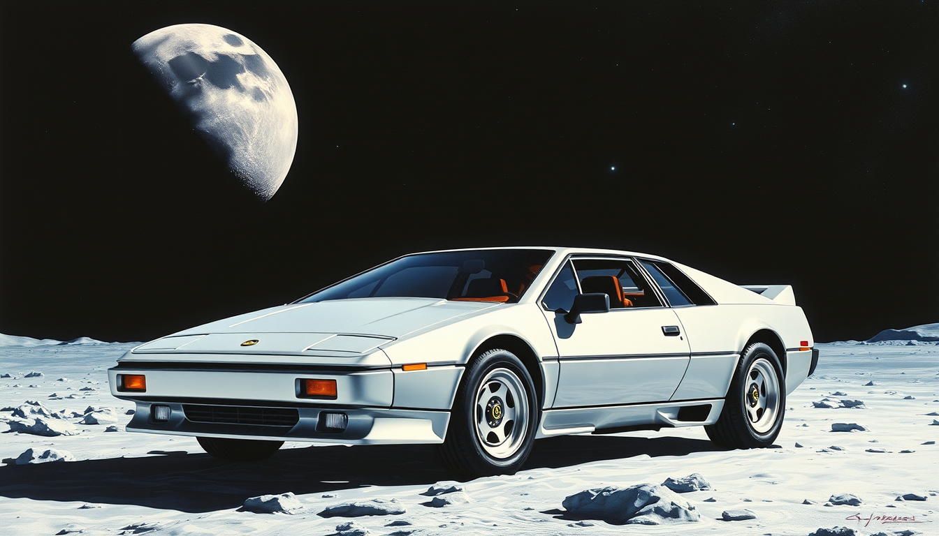 a 1981 Lotus Esprit on the moon, as painted by Syd Mead, metallic silver paint. - Image