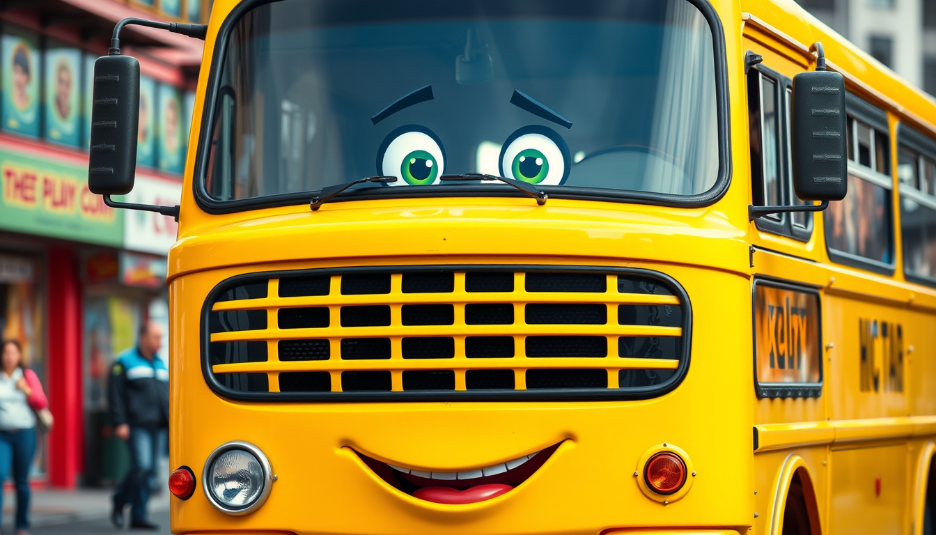 A bright yellow bus with friendly eyes on the windshield and a smiling mouth on the front grille. The bus looks cheerful and helpful, with a cheerful honking horn. The background is a colorful city street. - Image