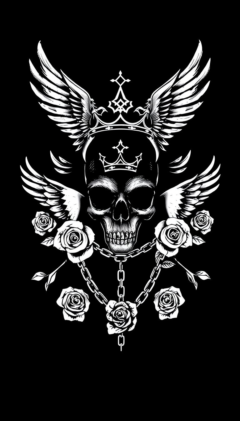 STENCIL INK ART, DOVE crowns, rose chains, and dark, moody colors - black and white, SOLID COLOR GRAPHIC PRINT, Fear of God BRAND, black background, trap music style CENTER PNG ART - Image