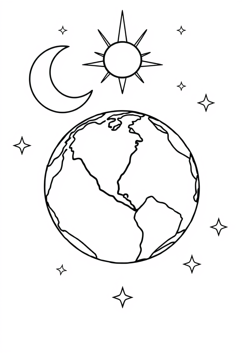 Coloring book page. Detailed line drawing for a coloring page: Earth as a central sphere, surrounded by a crescent moon, a radiant sun, and twinkling stars. Simple, clean outlines suitable for children to color. Line art vector style, white background, black and white drawing, sharp black lines. - Image