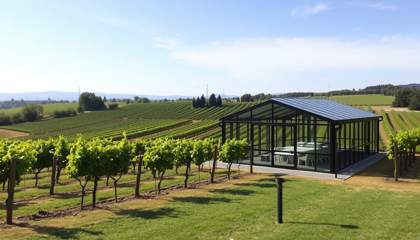 A picturesque vineyard with a glass-walled tasting room overlooking the grapevines.