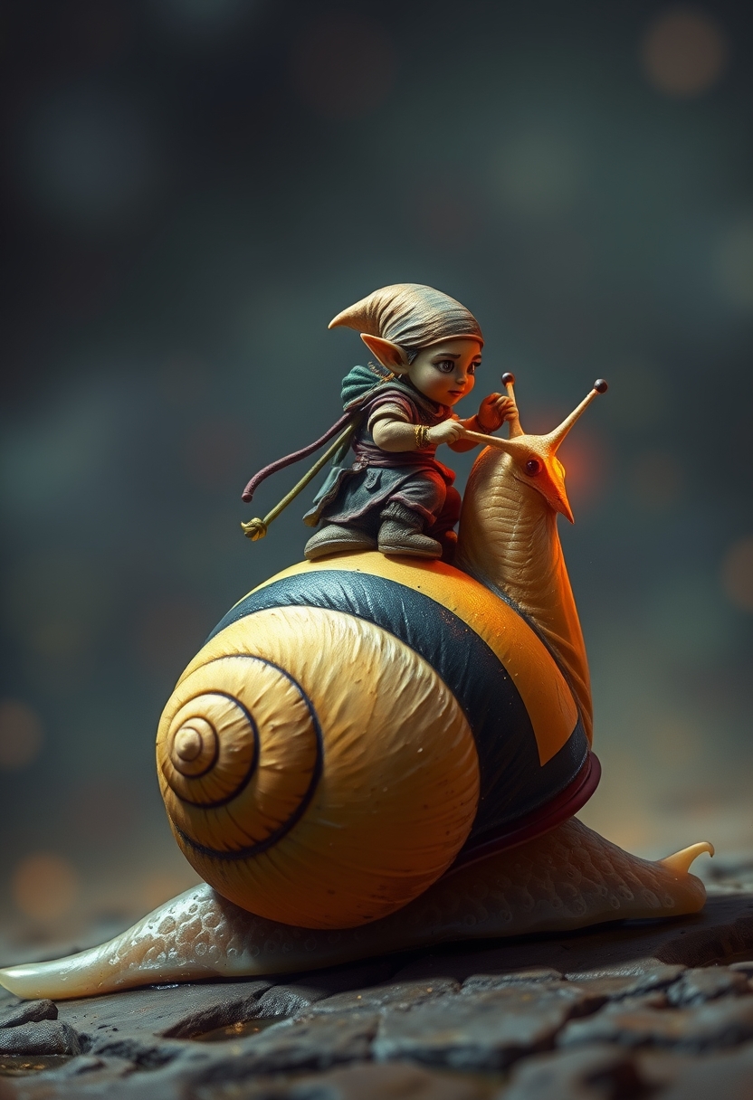 a tiny goblin jockey riding on the back of a giant snail, neon reins, the snail's shell is striped black and yellow, slime trail, neon bokeh, in the style of a fantasy painting - Image