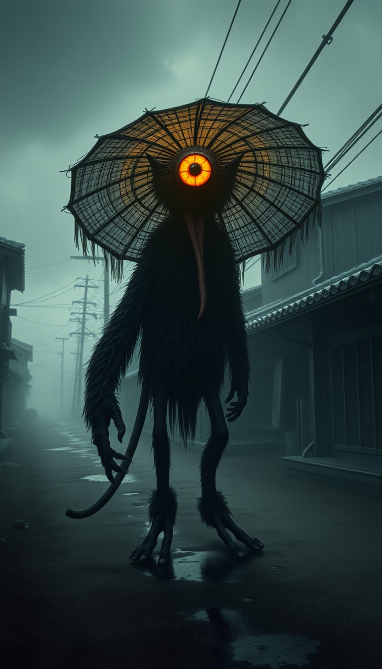 '(((Masterpiece))), (((Best Quality))), ((Extremely detailed and beautiful)), ((Fantasy)) A strange supernatural creature stands on a narrow, damp path. In the middle of this creature's head is a large, glowing orange eye, its head and body resemble a folding umbrella covered with dark, straw-like fur. It has only one leg, and is wearing traditional Japanese wooden sandals. There is a long tongue. The background is hazy, with dim lighting, featuring traditional Japanese houses with tiled roofs and wooden structures. Power lines run overhead, adding to the sense of desolation and quiet. The ground is wet, with puddles reflecting the gloomy, overcast sky. The overall atmosphere is dark and melancholic, with soft colors, and the misty ambiance enhances the feeling of unease. Fantasy realism, dark, surrealistic art. The lighting is soft and diffused, creating a gloomy and mysterious atmosphere.'