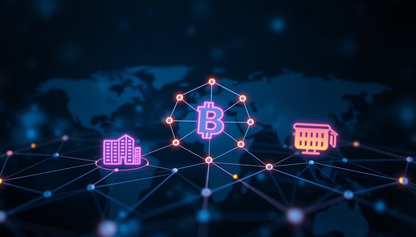 Blockchain network connecting global businesses, symbolizing decentralized economy. - Image