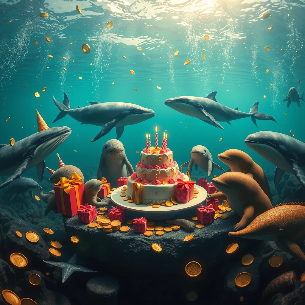 The style is cyberpunk, with animals celebrating a birthday at the bottom of the sea. There are whales, gifts, and the background is underwater with gold coins everywhere. In the center is a large cake, the number of animals is small, the atmosphere is joyful, and the shot is a panoramic view with a photographic style. - Image