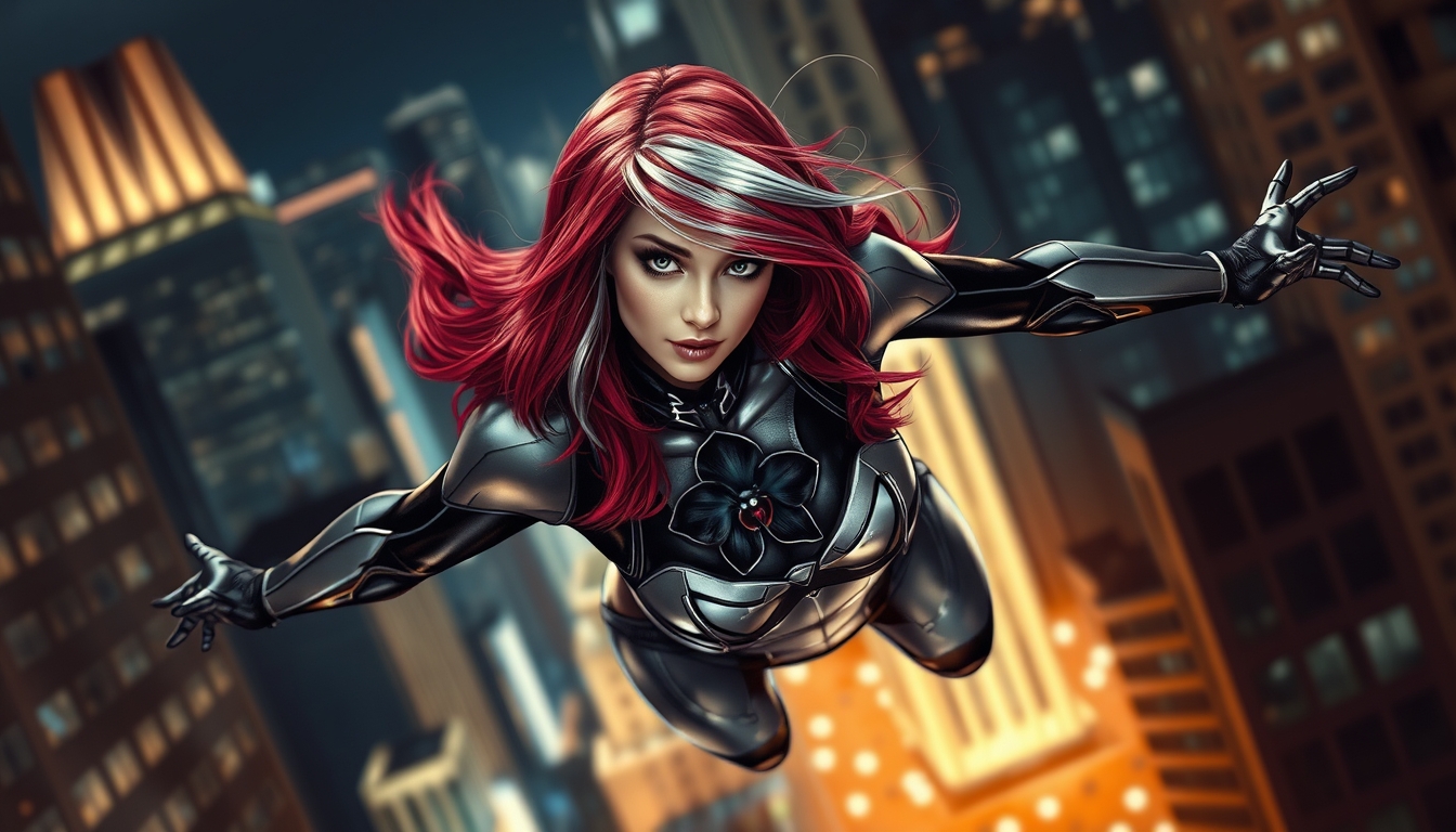 red head with grey streak in her hair, a black and silver metallic spandex outfit with a black orchid embedded on her chest plate, swinging through the city at night