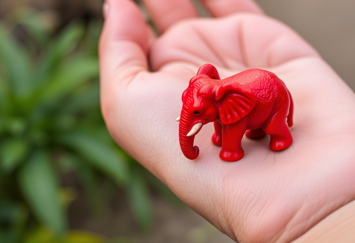 There is a real red little elephant in the palm of the hand. - Image