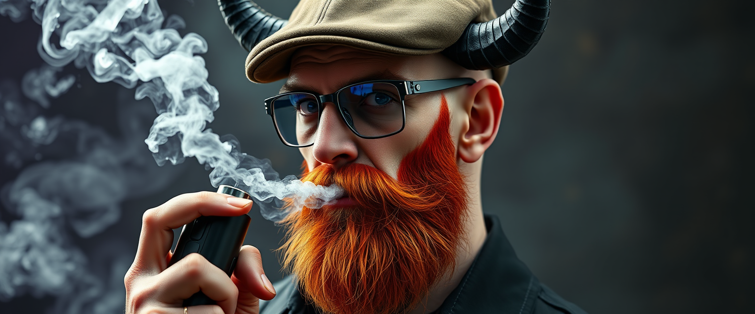 Three-quarter view of a sinister, bald human male with demonic lich features. Demonic horns, short fiery ginger beard contrasts with dark eyebrows. Wears a weathered flat cap and reflective aviator glasses. Clutches a sleek vape mod, exhaling dense, swirling vapor clouds. Vibrant e-liquid drips off his pale skin, creating a colorful aura.