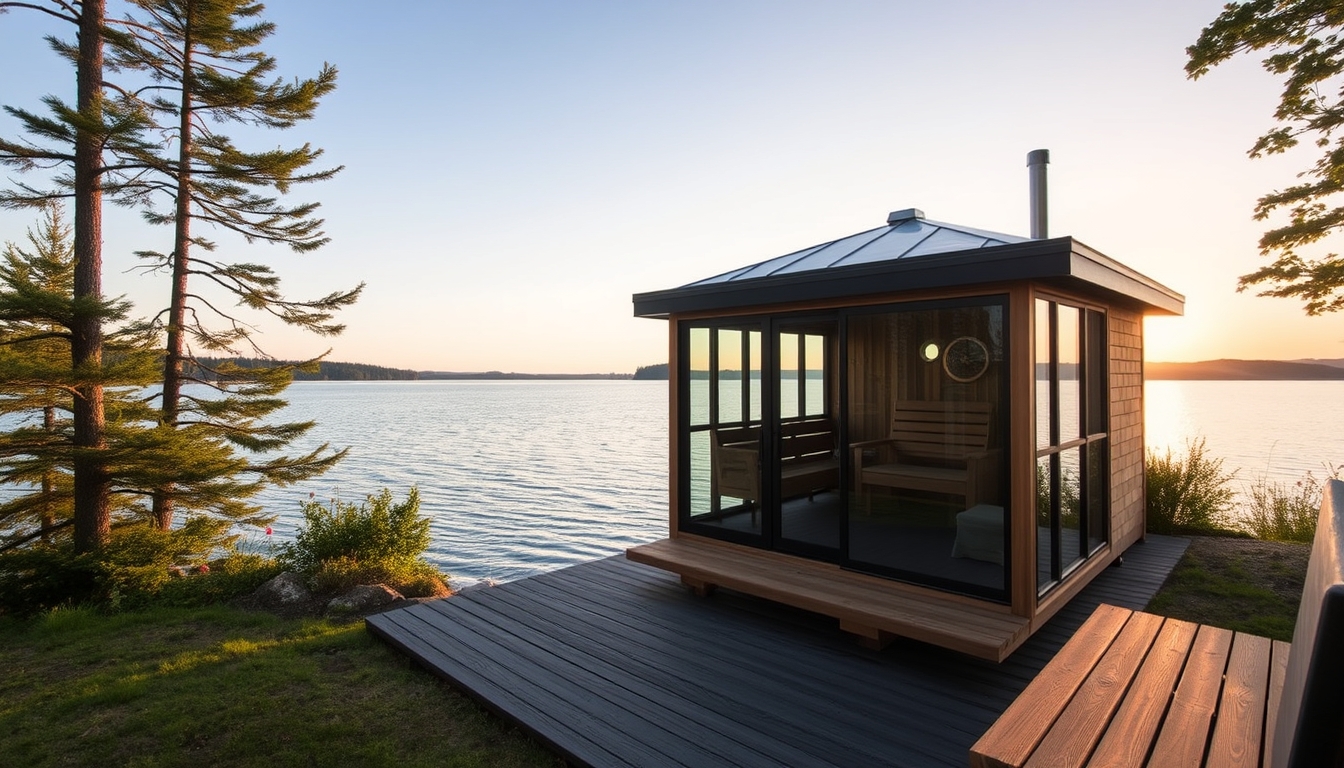 A peaceful lakeside retreat with a glass-fronted sauna overlooking the water. - Image