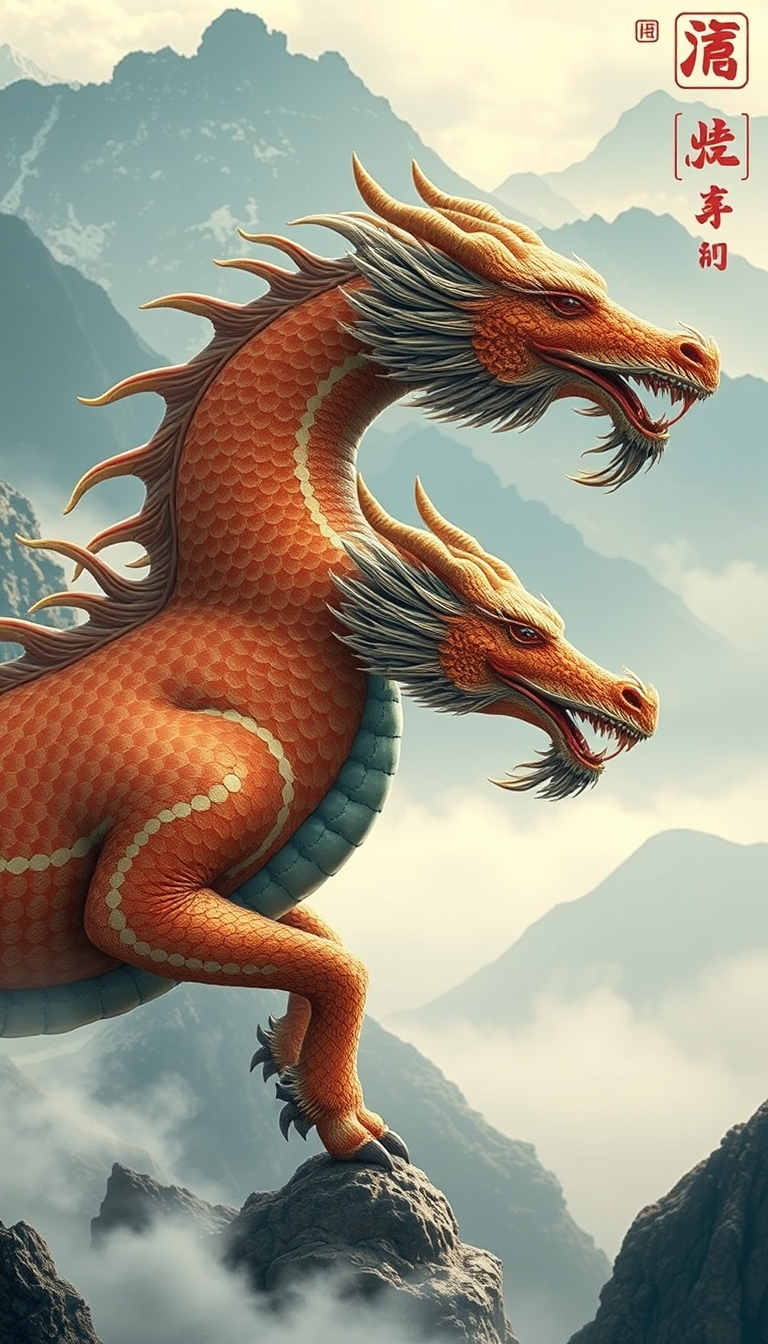 (ultra realistic) an oriental dragon combined with a horse body, in a Chinese mountain background.