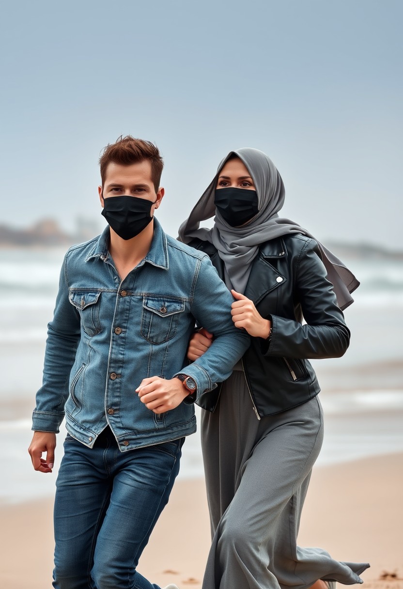 Jamie Dornan's head and body shot, handsome, black face mask, denim jacket, jeans, dating, love couple, with the biggest gray hijab Muslim girl, black face mask, beautiful eyes, black leather jacket, biggest skirt, running happily together at the beach, hyper-realistic, street photography.