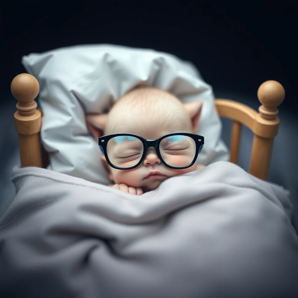 Sweet little bowtie with glasses sleeping in its little bed. - Image