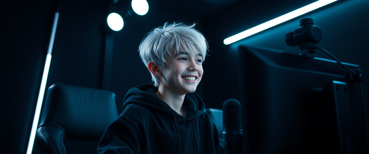 Cyberpunk image of a boy with white hair, smiling, wearing a black hoodie in a gamer setup with spotlights in front, looking at 2 monitors with black screens in a black room with few white neon lights, with 1 podcast-type microphone and 1 camera on top of a monitor to his right side. - Image