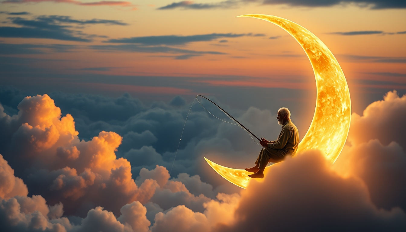 An old man sits serenely on a crescent moon, fishing among the clouds. The scene has an evening, tranquil atmosphere. It’s dreamy and whimsical. Deep depth of field, photography, National Geographic photo, hyper-realistic, 16k resolution, masterpiece, award-winning artwork, many details, extremely detailed, full of details, wide range of colors, high dynamic.