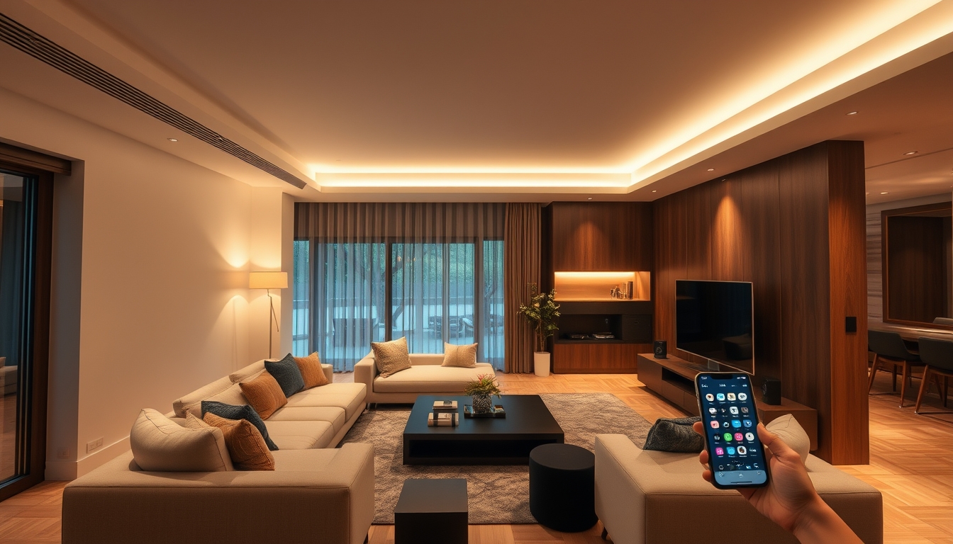 A high-tech living room with voice-activated lighting, smart speakers, and a sleek, minimalist design, all controlled by a smartphone. - Image