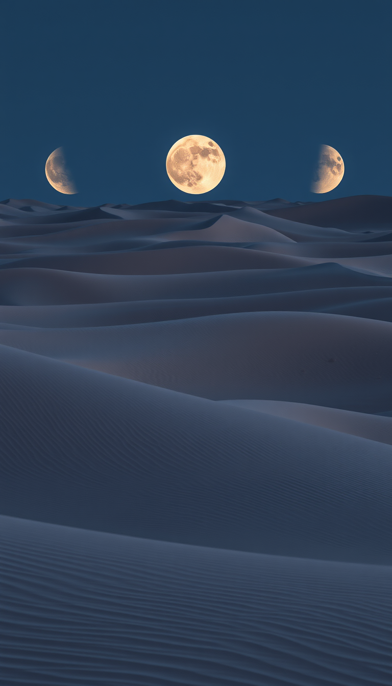 A desert of sand dunes with multiple moons in the new moon, waxing crescent, first quarter, waxing gibbous, full moon, waning gibbous, third quarter, and waning crescent.