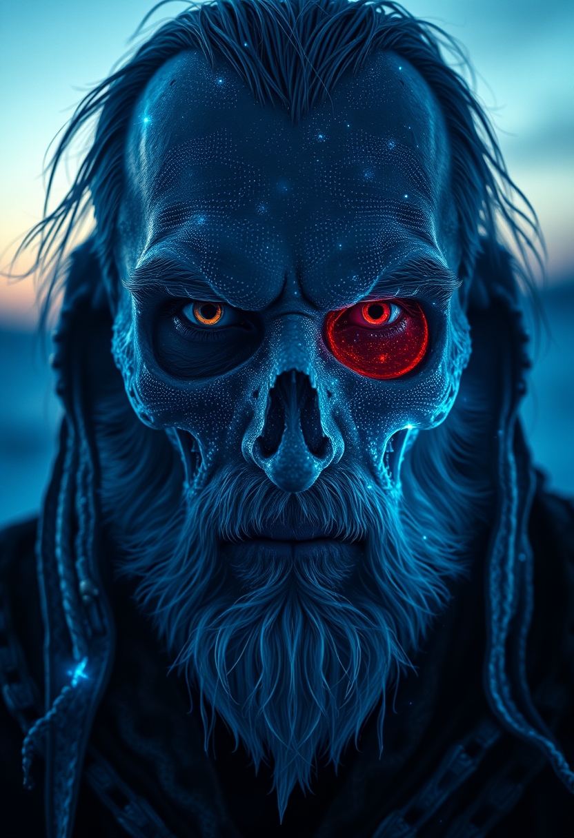 A symmetric portrait of a male, evil frozen necromancer, features dissolving into frozen magic thin, luminescent blue lines. Weighted Voronoi stippling and laser caustics create a network, transitioning from hyperrealistic detail to abstract, quantum-inspired forms. Ethereal hues blend, evoking existential transition and mystery. Close-up on face, evil skull partially visible. Set against a twilight arctic backdrop, icy winds ripple through his tattered robes. Rendered in a fusion of photorealism and digital surrealism, the scene is illuminated by ghostly Northern Lights. Emphasis on cold, menacing atmosphere, invoking Nordic myths. - Image