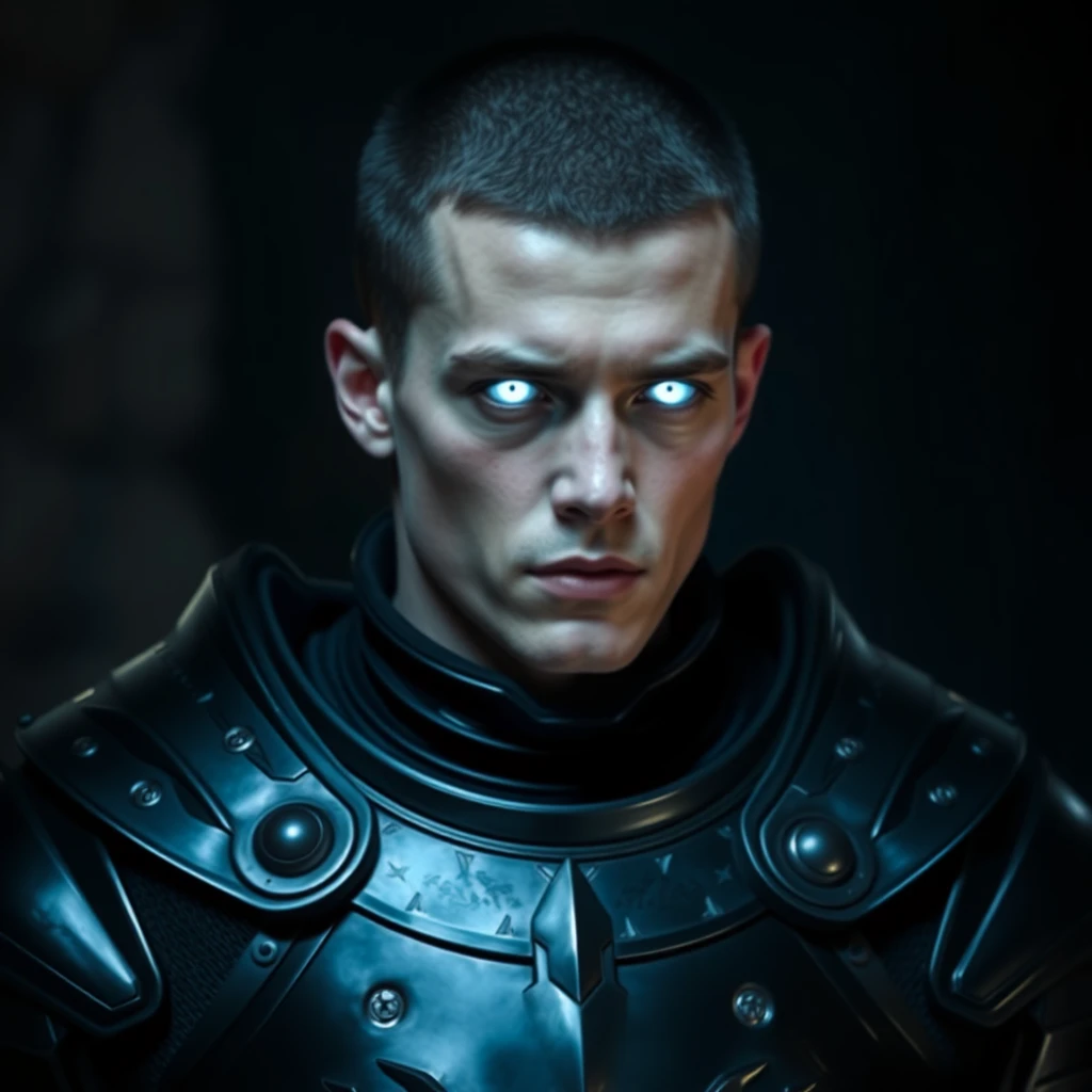 A man, about 20 years old, in black armor without a helmet, glowing white eyes, dark hair, pale skin, square head. Realistic photo.