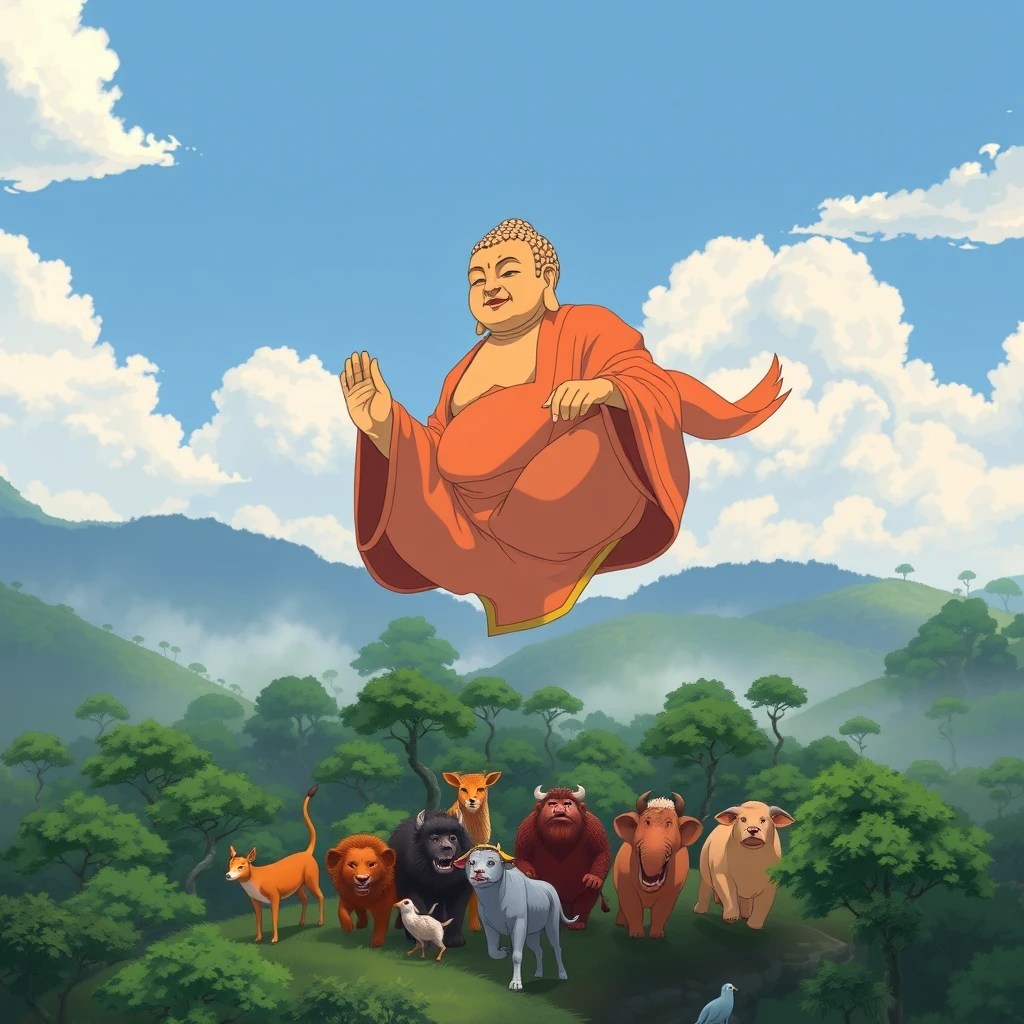 An image of Buddha in Studio Ghibli style, flying above an Indian forest, above a troop of various animals. - Image