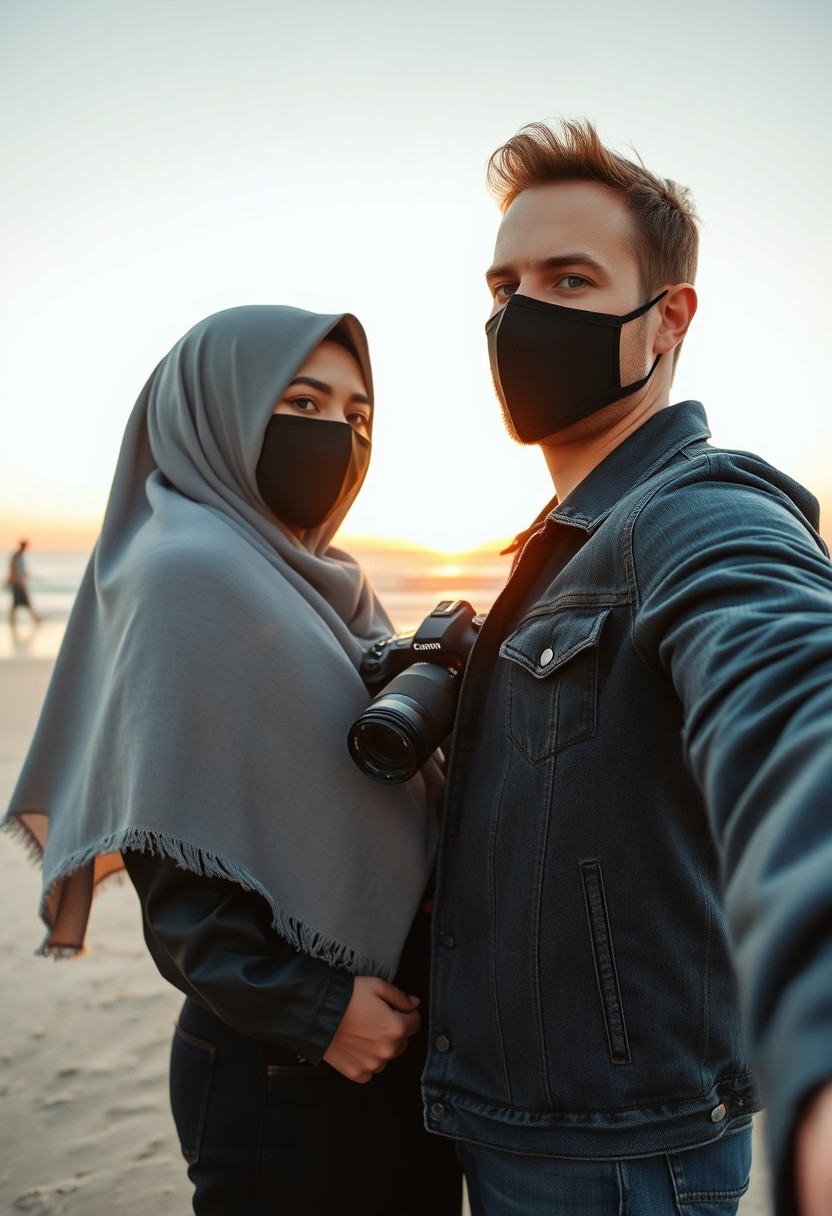 Jamie Dornan's head and body shot, handsome, black face mask, denim jacket, jeans, dating, love couple, with the biggest gray hijab Muslim girl, black face mask, beautiful eyes, black leather jacket, largest skirt, taking a photo at the beach, DSLR Canon camera, sunrise, hyper-realistic, street photography, selfie. - Image