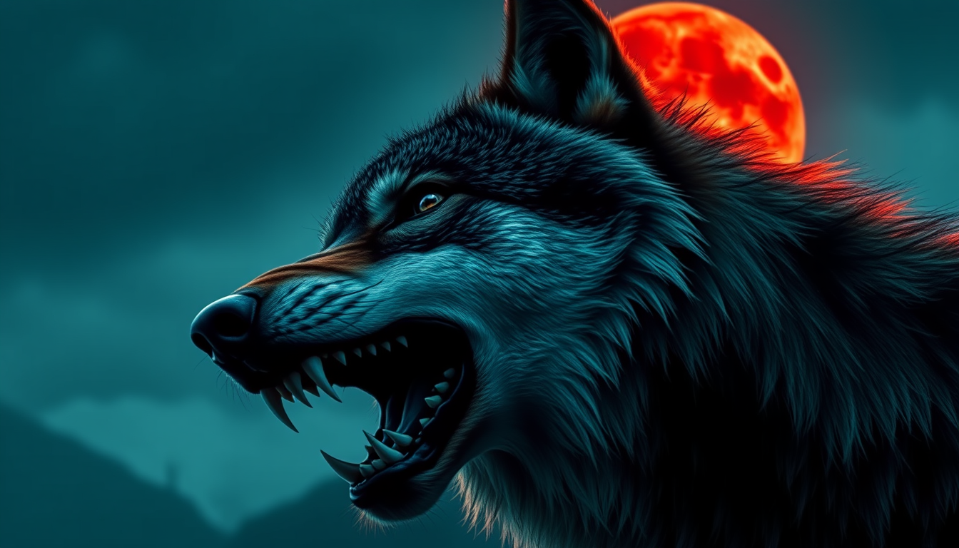 A horror style ultra-realistic photograph of a wild mountain wolf with sharp teeth howling at the bloody red moon.