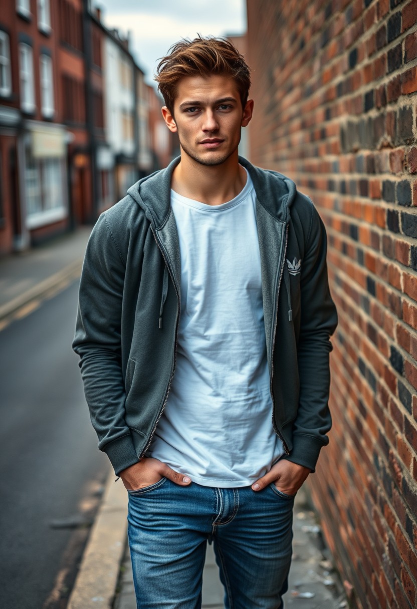 Jamie Dornan head and body shot, handsome, young, serious face, dark brown hair, white T-shirt, college jacket, skinny jeans, sneakers, standing hot style, flirting face smile, near town road, hyper realistic, street photography, brick wall, full body photo.